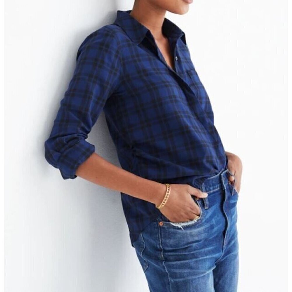 Madewell Top Womens Medium Blue Arion Plaid Wrap Front Long Sleeve Cotton Preppy